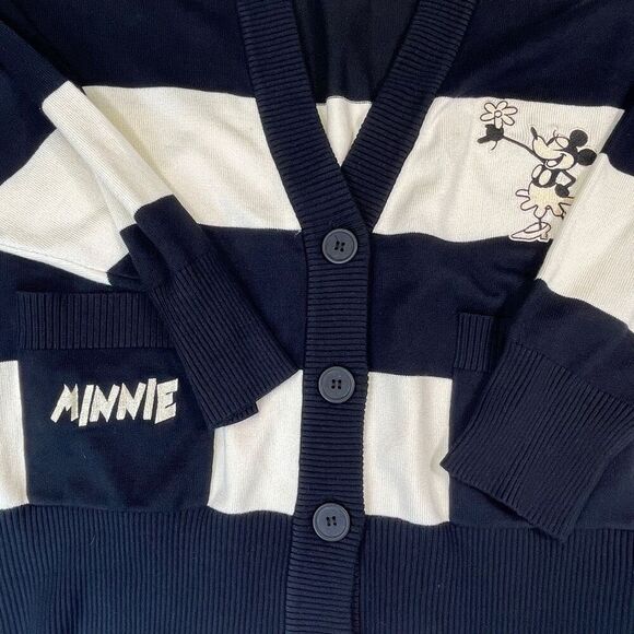 Disney Black Cream Striped Knit Retro Minnie Mouse Cardigan Size Medium NWT - Picture 2 of 11